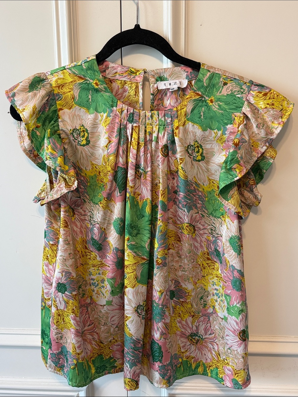 THML Girls' Floral Ruffle-Sleeve Dress in Pink, Green & Yellow